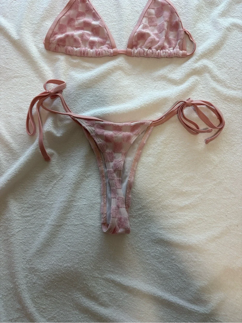 SHEIN Pink Checkered Tie Triangle Bikini Set